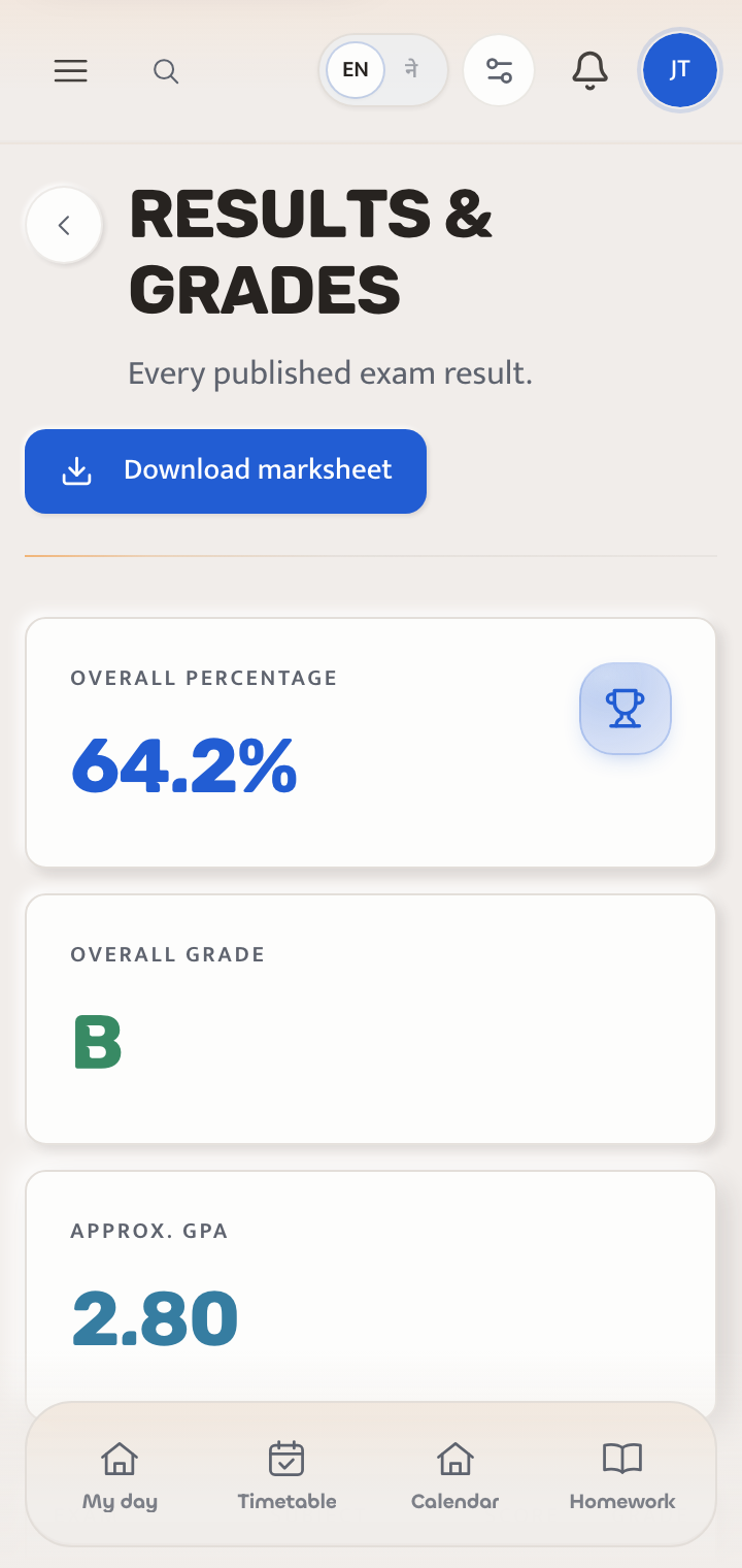 Student results in the Saraswati app