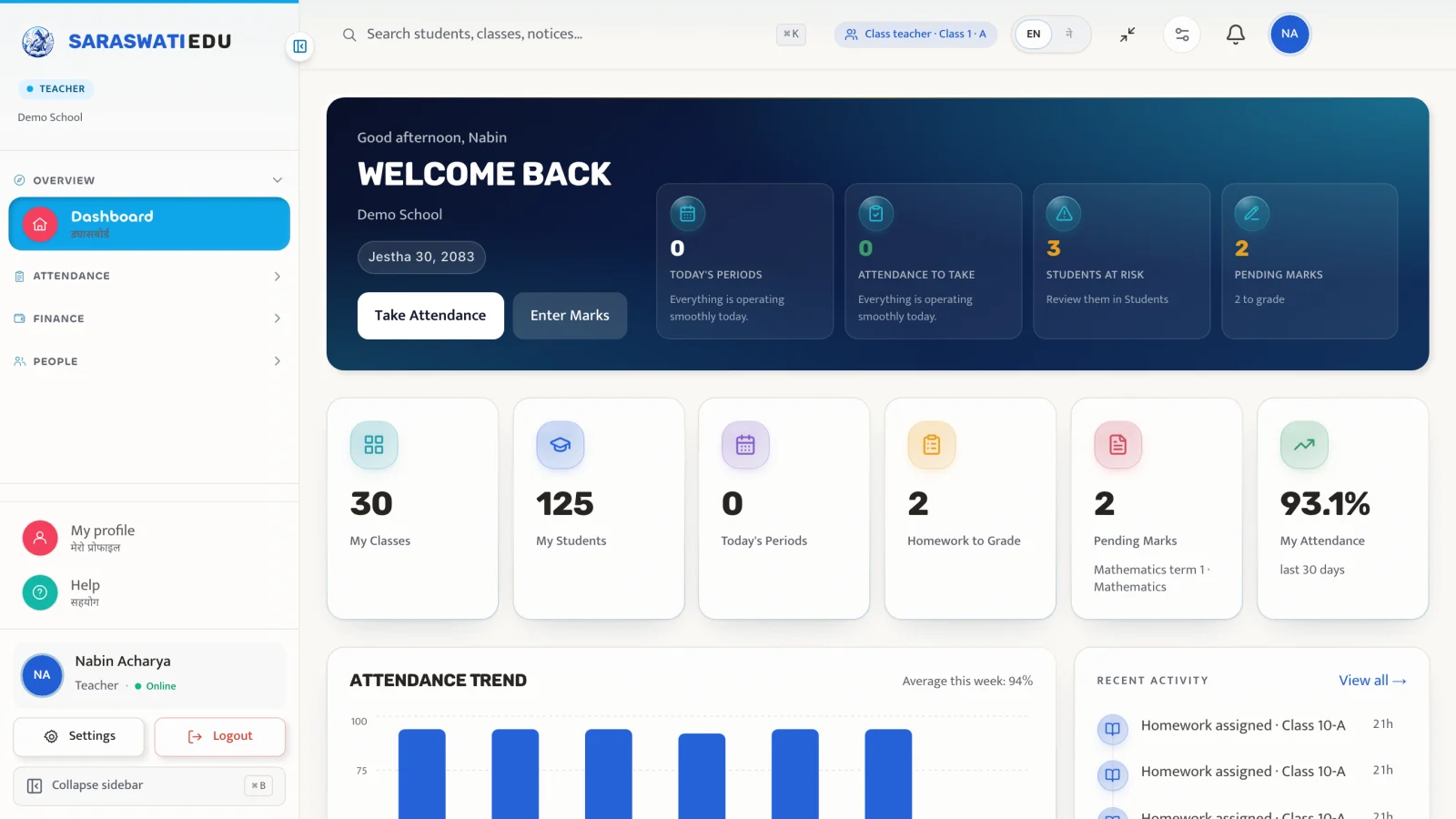 Teacher dashboard